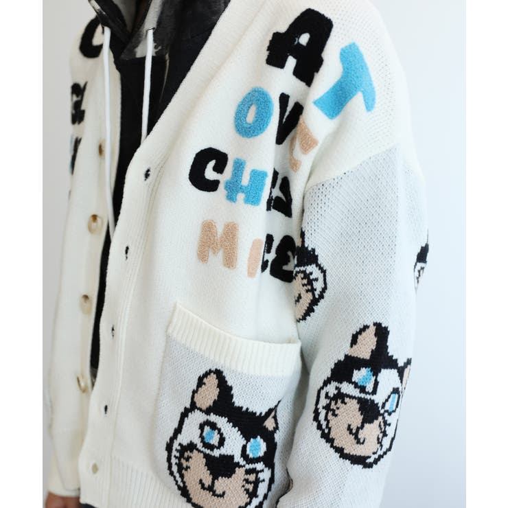 サガラ刺繍猫柄Vネックカーディガン 韓国ファッション ユニセックス【AW】