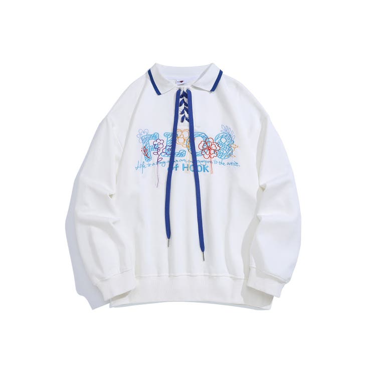 ホワイト | 古着風フリンジ刺繍編み上げポロ襟スウェット ユニセックス 韓国ファッション | HOOK
