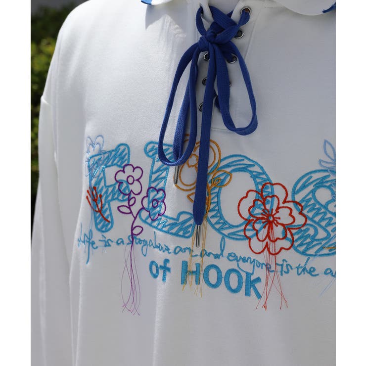 古着風フリンジ刺繍編み上げポロ襟スウェット ユニセックス 韓国ファッション | HOOK | 詳細画像8 