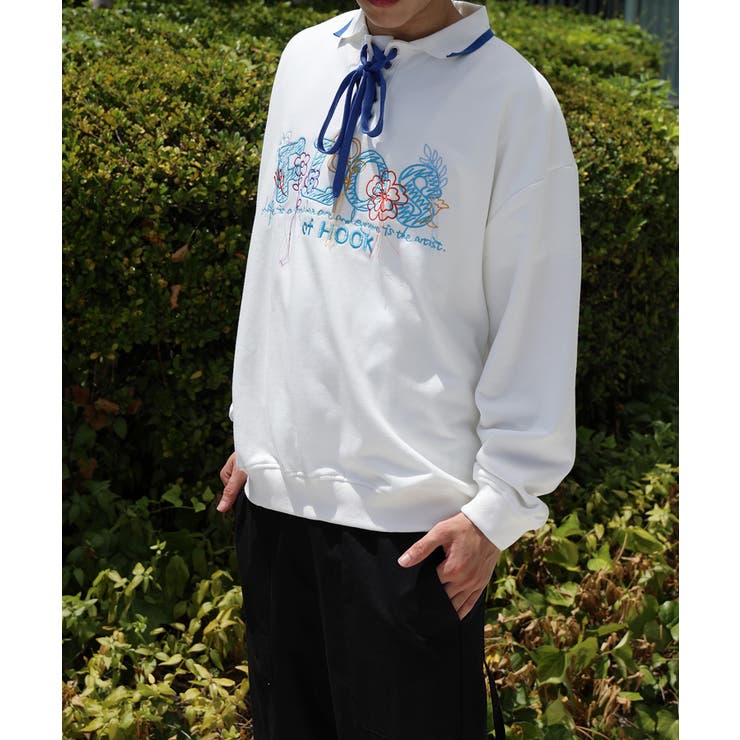 古着風フリンジ刺繍編み上げポロ襟スウェット ユニセックス 韓国ファッション | HOOK | 詳細画像6 