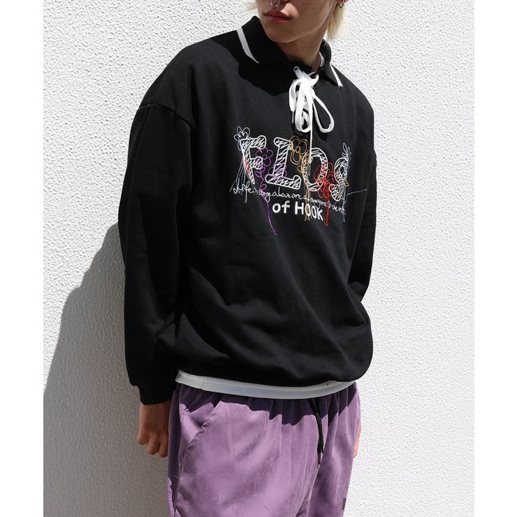 古着風フリンジ刺繍編み上げポロ襟スウェット ユニセックス 韓国ファッション | HOOK | 詳細画像13 