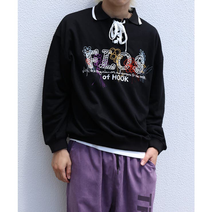 古着風フリンジ刺繍編み上げポロ襟スウェット ユニセックス 韓国ファッション | HOOK | 詳細画像2 