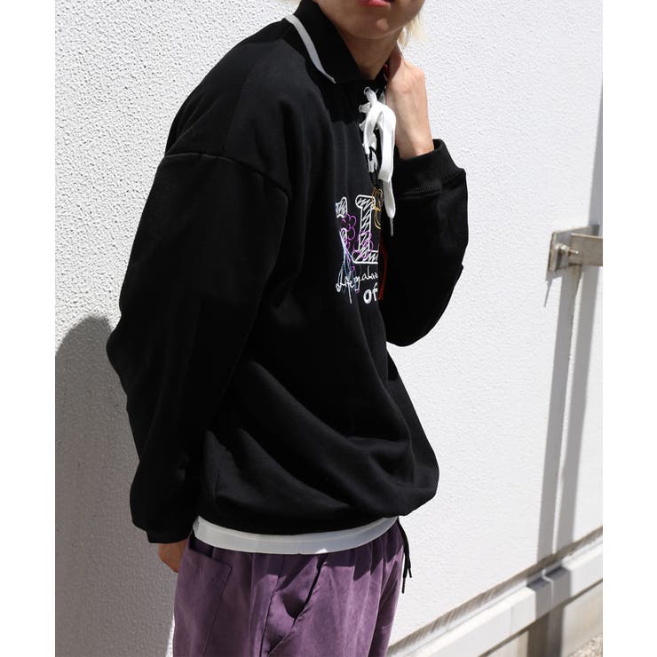 古着風フリンジ刺繍編み上げポロ襟スウェット ユニセックス 韓国ファッション | HOOK | 詳細画像12 