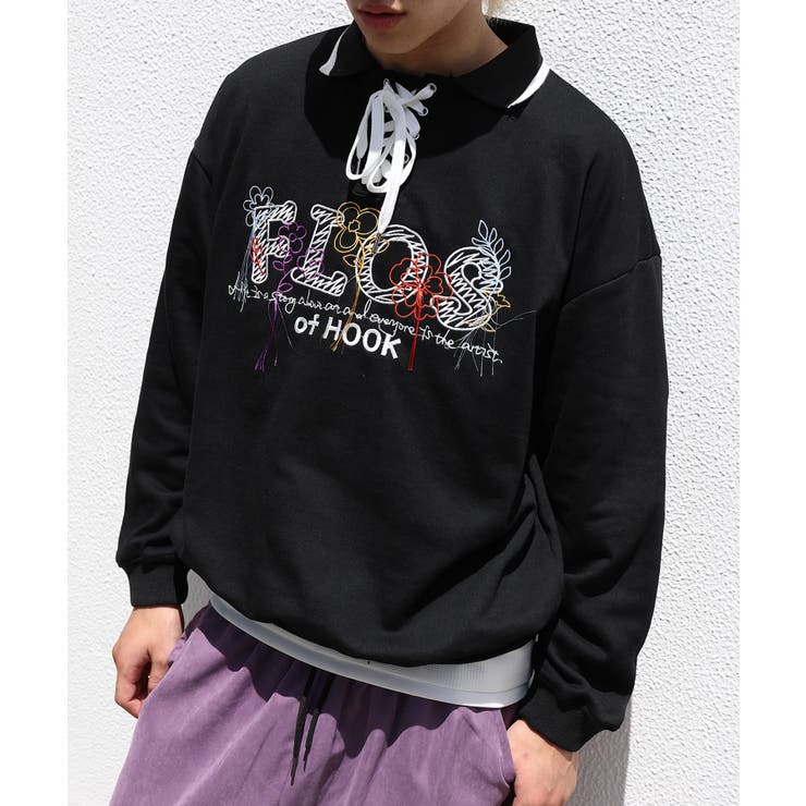 古着風フリンジ刺繍編み上げポロ襟スウェット ユニセックス 韓国ファッション | HOOK | 詳細画像11 