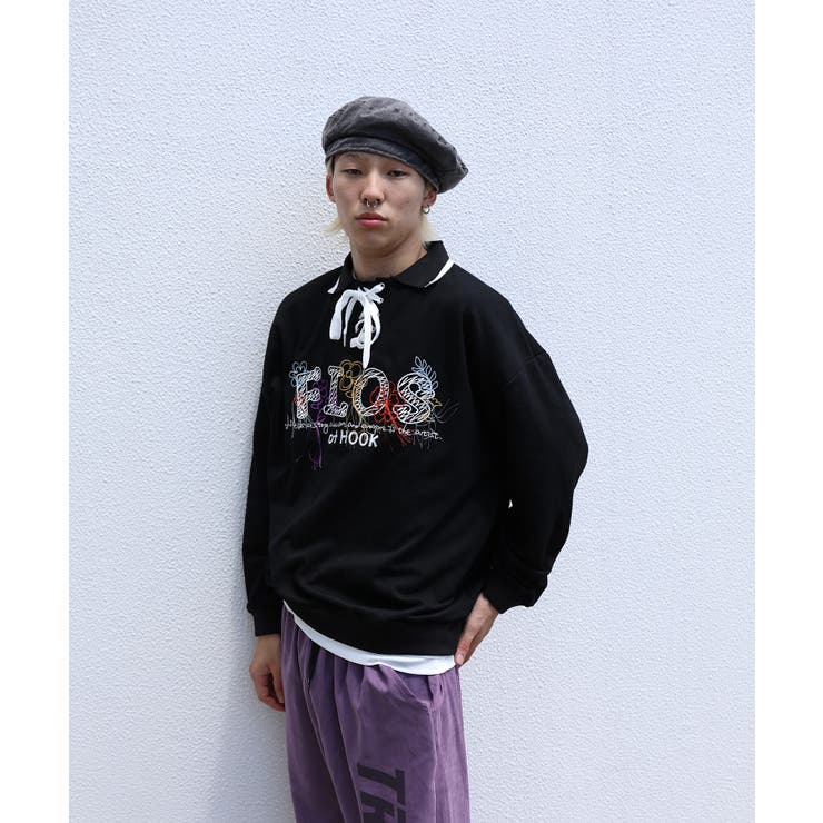 古着風フリンジ刺繍編み上げポロ襟スウェット ユニセックス 韓国ファッション | HOOK | 詳細画像9 