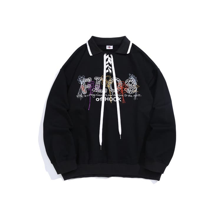 ブラック | 古着風フリンジ刺繍編み上げポロ襟スウェット ユニセックス 韓国ファッション | HOOK