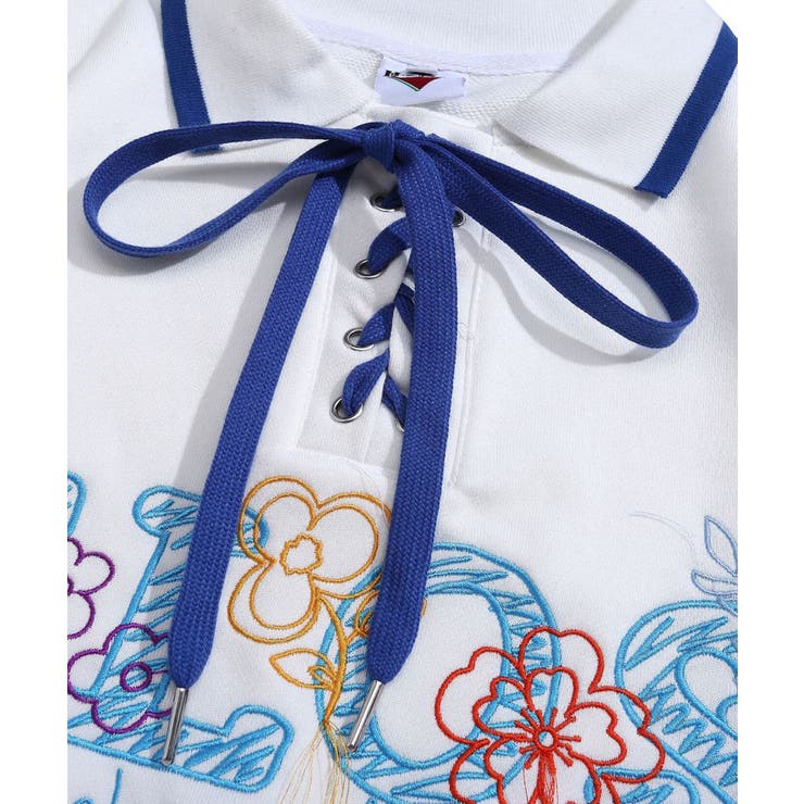 古着風フリンジ刺繍編み上げポロ襟スウェット ユニセックス 韓国ファッション | HOOK | 詳細画像15 