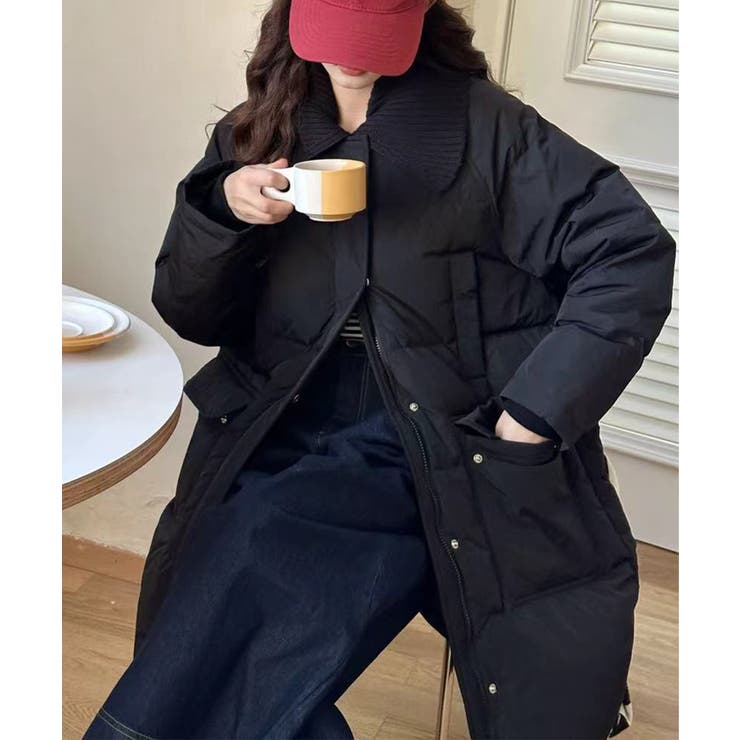 ブラック | ニット衿ロングダウンコート | aimoha 