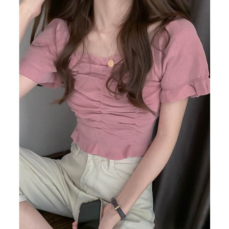 スクエアネック半袖ニットギャザートップス 全7色 韓国ファッション[品番：XT000005664]｜aimoha  （アイモハ）のレディースファッション通販｜SHOPLIST（ショップリスト）