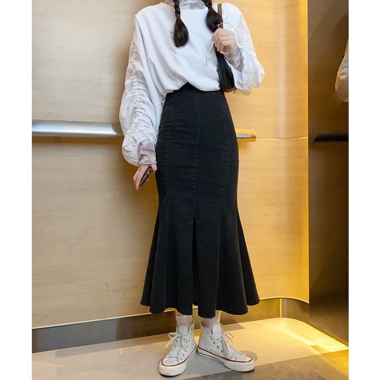 ブラック | 【Jasmine】ハイウエストデニムマーメイドロングスカート 韓国ファッション … | aimoha 