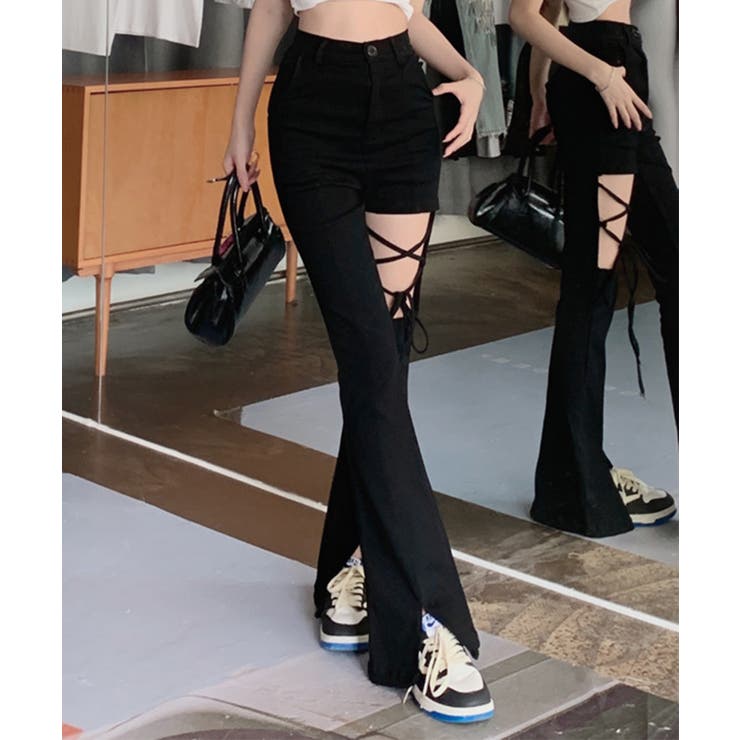 太もも開き紐リボンデザインハイウエストフレアスラックス 韓国ファッション