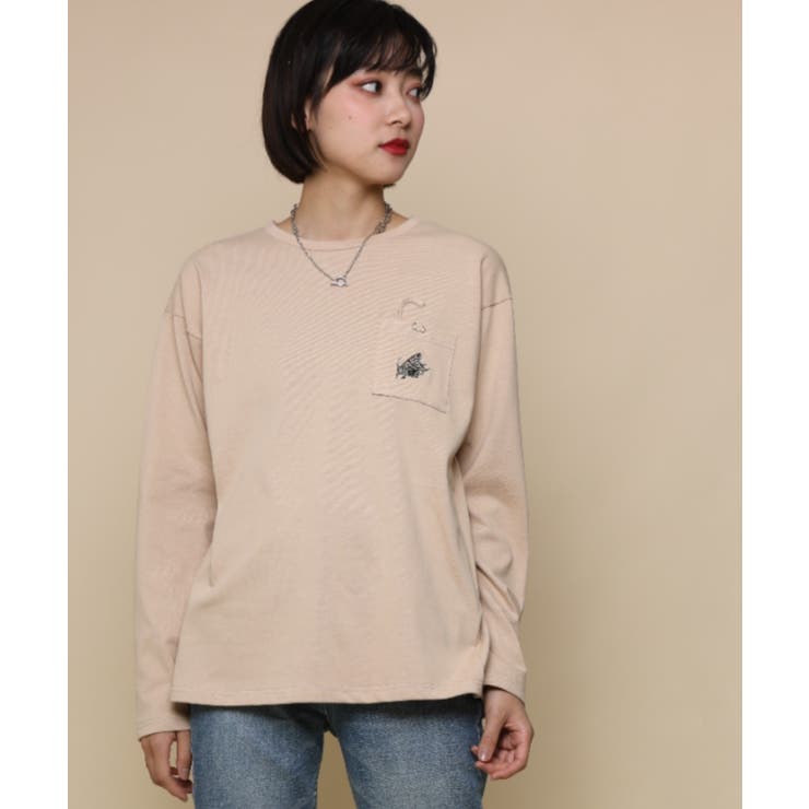 アイモハ aimoha 【genxder】ユニセックス オリジナル蝶々刺繍ポケットロングTシャツ （ホワイト） アイモハ aimoha 【genxder】ユニセックス オリジナル蝶々刺繍