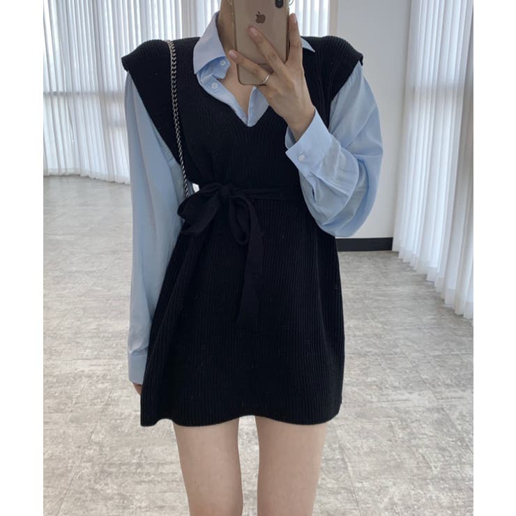 ブラック | Jasmine新作 Vネックニットベストミニワンピース 韓国ファッション | aimoha 