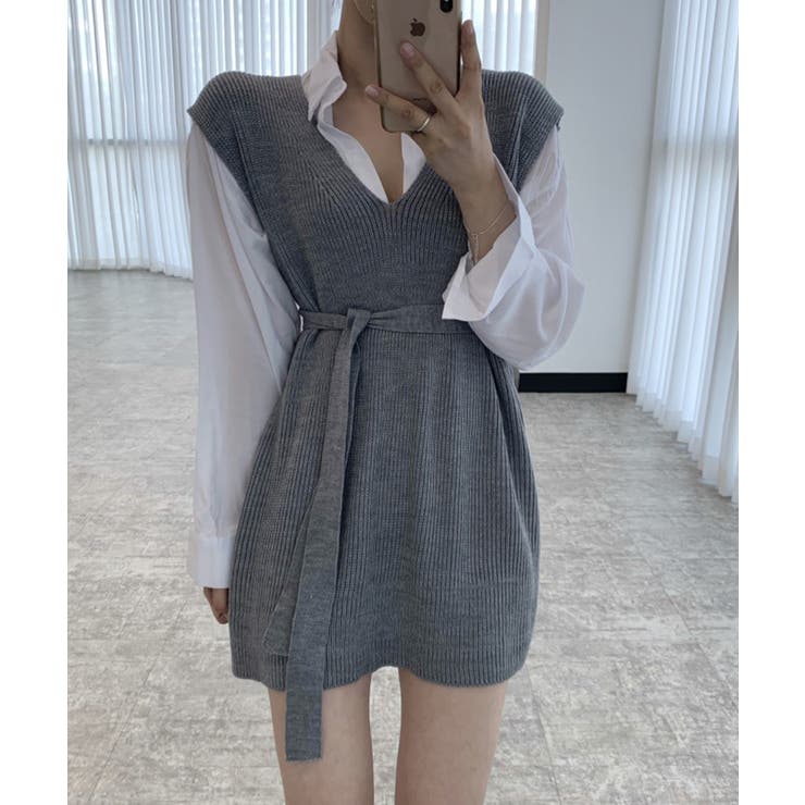 Jasmine新作 Vネックニットベストミニワンピース 韓国ファッション | aimoha  | 詳細画像3 