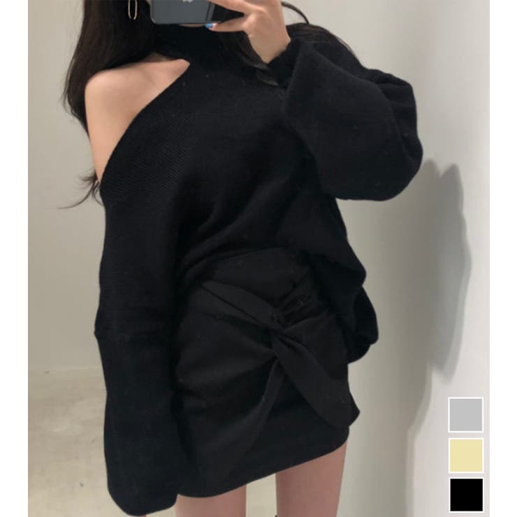 Jasmine新作 ワンショルハイネックセクシーニットトップス 韓国ファッション | aimoha  | 詳細画像1 