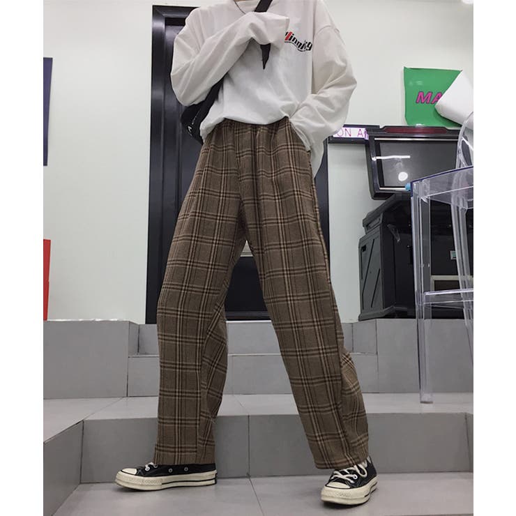 ユニセックスチェック柄カーゴパンツ フルレングスパンツ