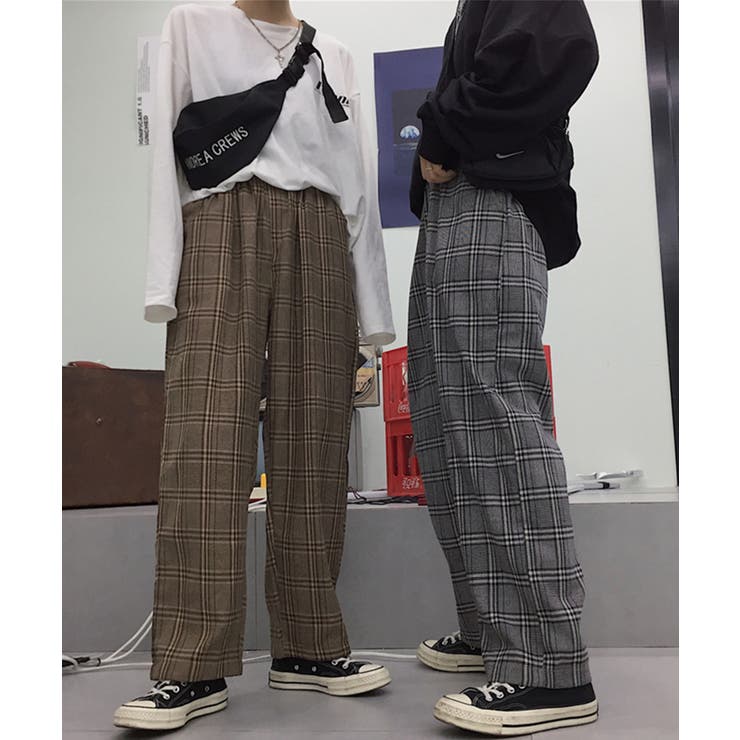 genxder】ユニセックスチェック柄カーゴパンツ フルレングスパンツ