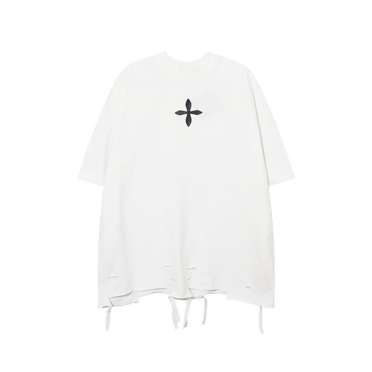 Tシャツ個性派十字架パッチダメージ裾ビッグTEE カジュアル ユニ