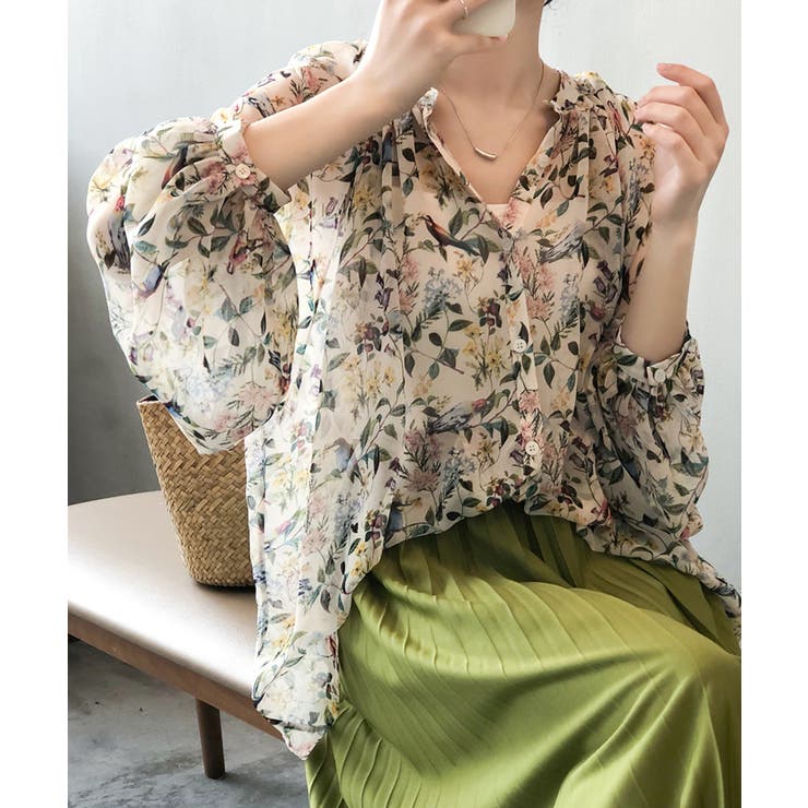 ボリュームスリーブ花柄シアーブラウス 透け感 ブラウス[品番