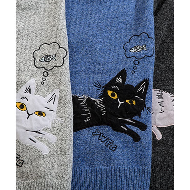 個性派 かわいい猫とサカナ刺繍ニットセーター メンズ[品番