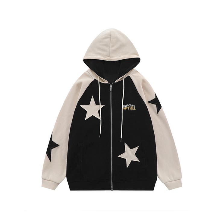 HOOK】星パッチ刺繍配色前開きパーカー[品番：XT000006388