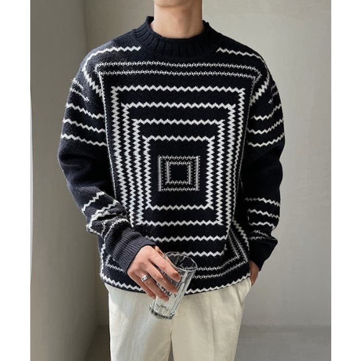 ma 韓国ファッションꕤ着画載せてますꕤ 韓国風きれいめ幾何学デザインニット 韓国ファッション ストリート系