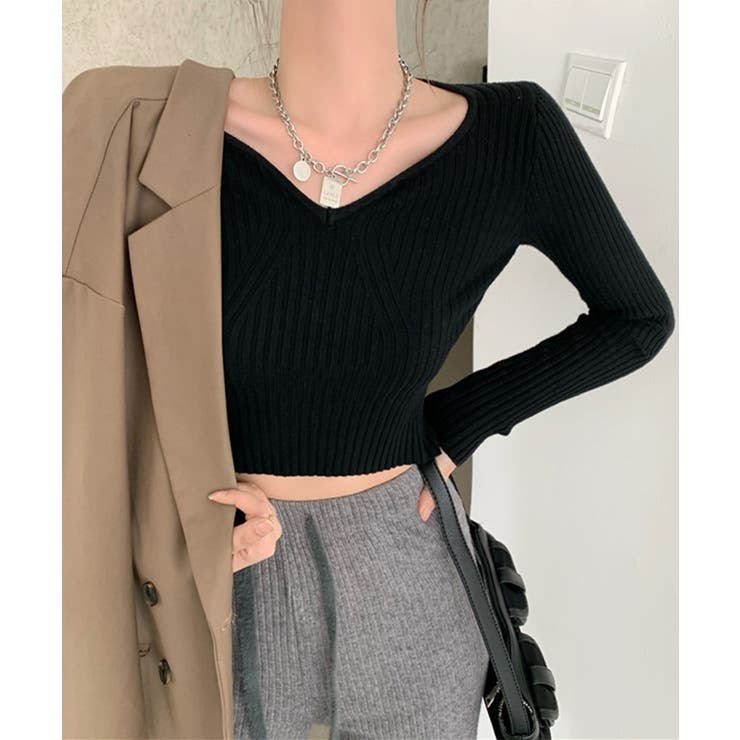 ブラック | ミニ丈ハートネックリブニットトップス 韓国ファッション ニット | aimoha 