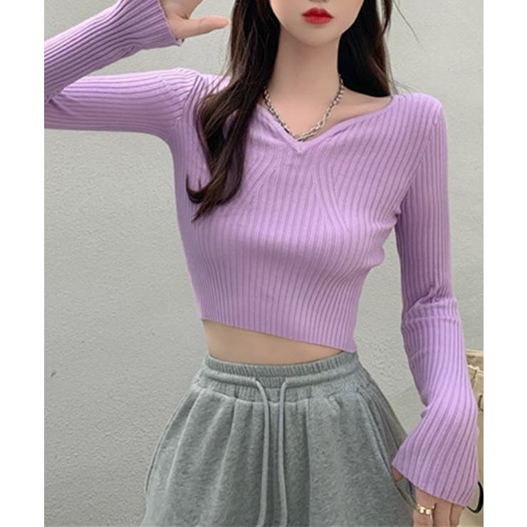 ミニ丈ハートネックリブニットトップス 韓国ファッション ニット | aimoha  | 詳細画像4 