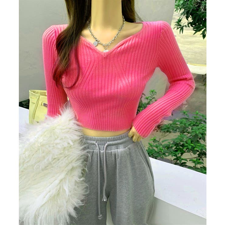 ミニ丈ハートネックリブニットトップス 韓国ファッション ニット | aimoha  | 詳細画像14 