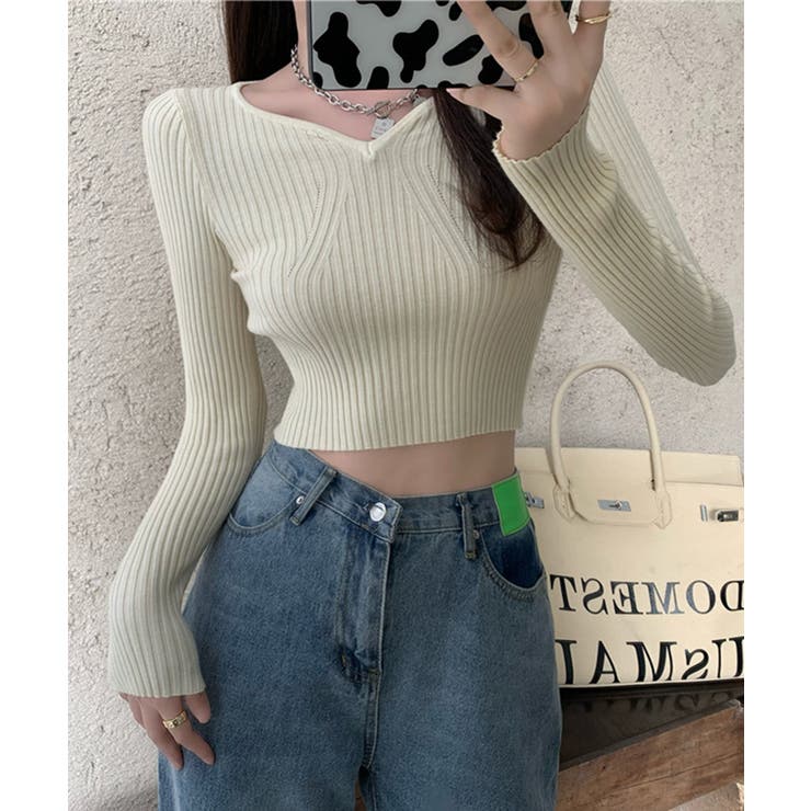 ミニ丈ハートネックリブニットトップス 韓国ファッション ニット | aimoha  | 詳細画像36 