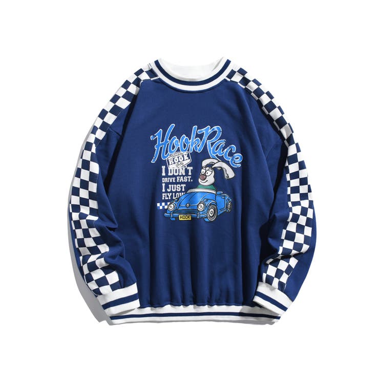 ネイビー | スウェット ブロックチェック切り替えプリントハイネックスウェットストリート系 | HOOK