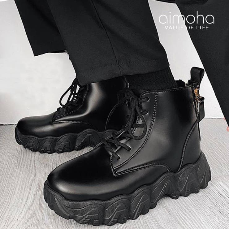 ハイソール厚底レースアップPUスニーカーブーツ 韓国ファッション