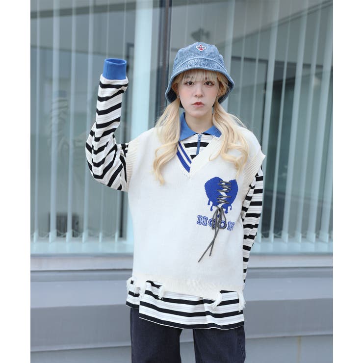 HOOK original 傷だらけのアシンメトリーニットベスト[品番