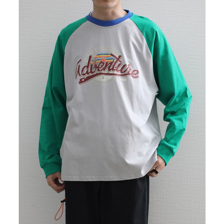 ライトグレー | ロンT HOOK アメカジヴィンテージ風袖配色切り替えロゴプリントリンガーロング… | HOOK