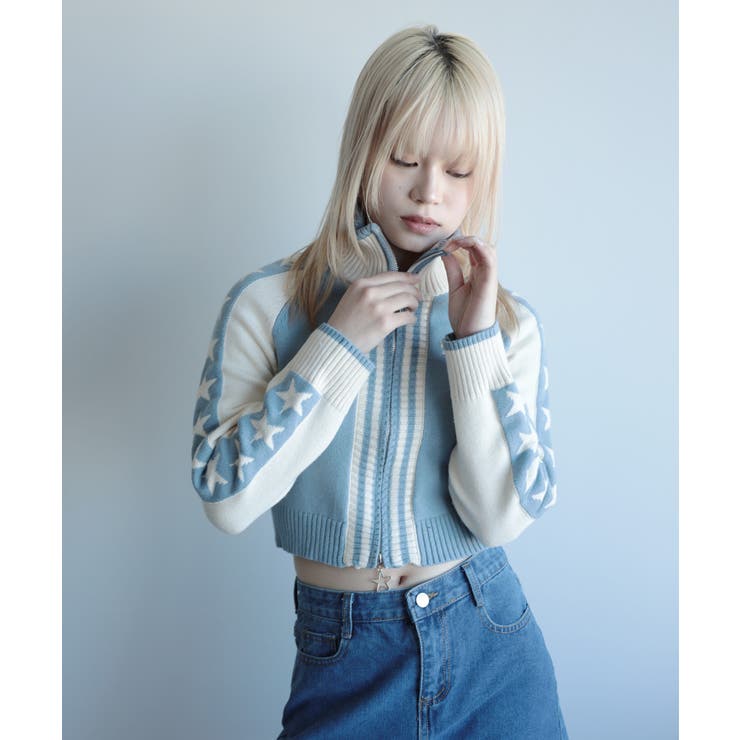 for girls レーシング風袖星切り替えブルゾンニット[品番