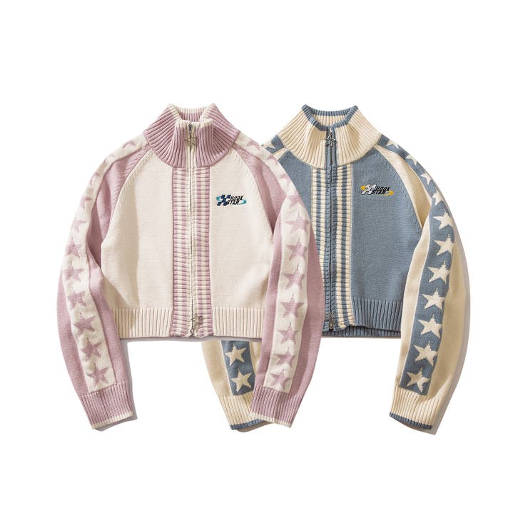 for girls レーシング風袖星切り替えブルゾンニット[品番