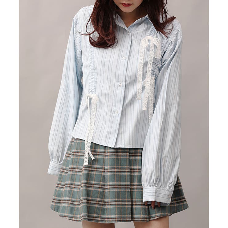HOOK】for girls アシメトリーシャーリングストライプ柄シャツ HOOK】for girls アシメトリーシャーリングストライプ柄シャツ