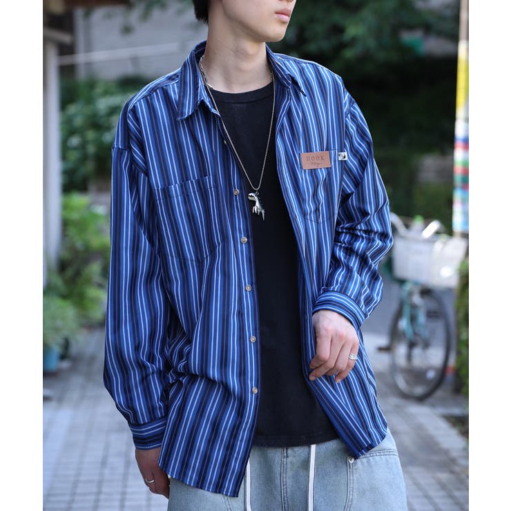 HOOK -original- 古着風ストライプ総柄ビッグシャツ[品番