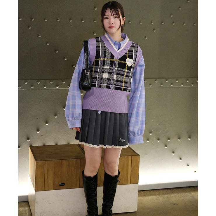 HOOK】for girls ハートワッペンチェック柄ニットベスト[品番