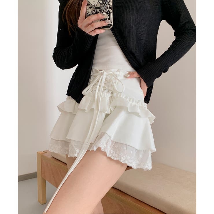 HOOK】for girls レース切替フリルティアードミニスカート[品番