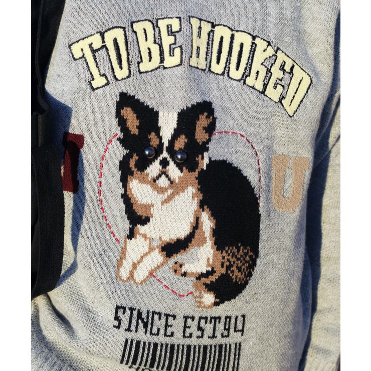 英字柄裏毛ニットの犬の服 アメカジワンちゃんイラストニット風スウェット ストリート系