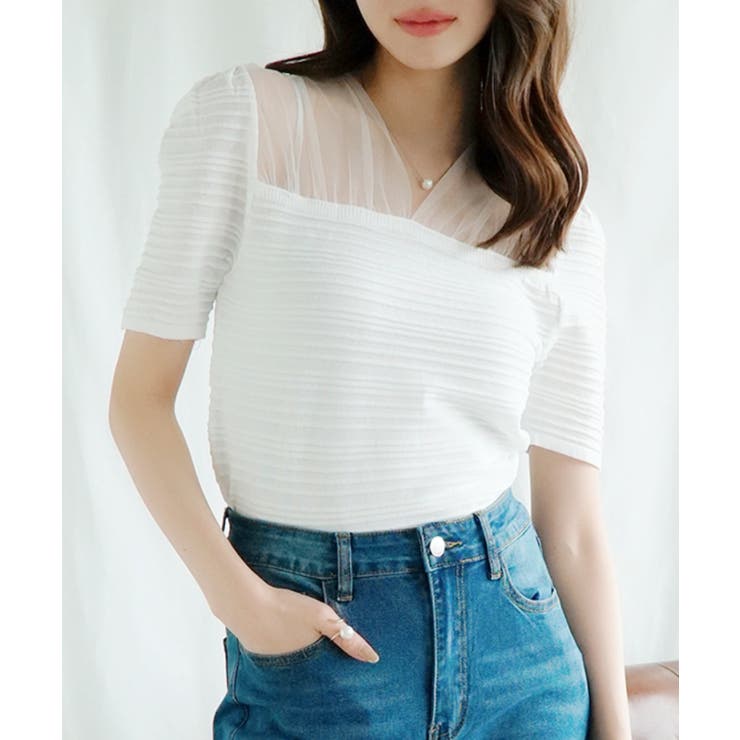 ホワイト | 【Jasmine】チュール切り替え トップス Jasmine | aimoha 