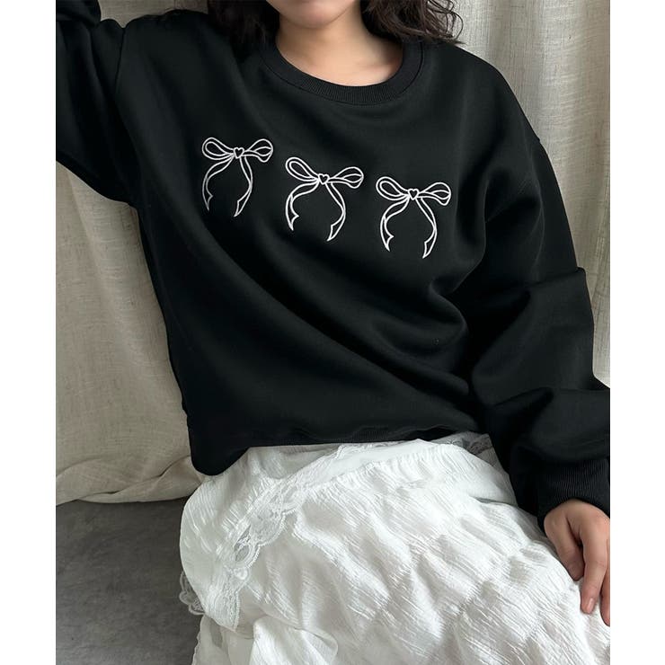 ブラック | 【Jasmine】リボンロゴ刺しゅうスウェット Jasmine Grandifl… | aimoha 