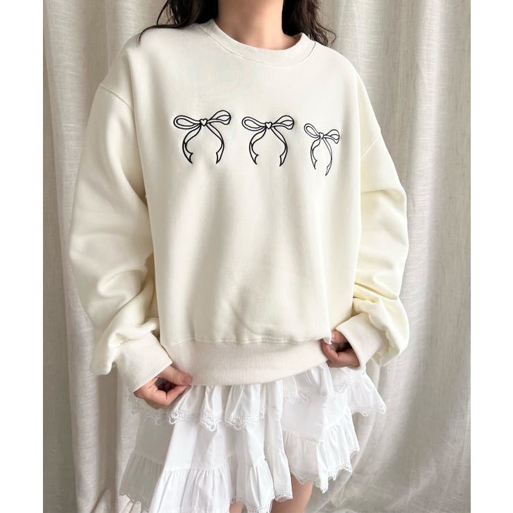 ホワイト | 【Jasmine】リボンロゴ刺しゅうスウェット Jasmine Grandifl… | aimoha 