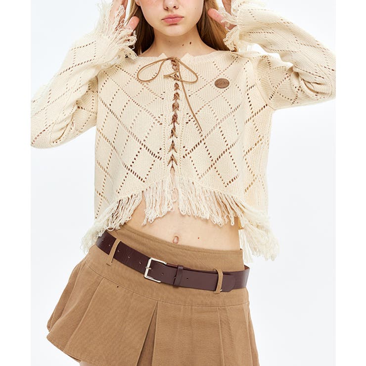 【HOOK】for girls 裾フリンジ透かし編み編み上げカーディガン | HOOK | 詳細画像11 