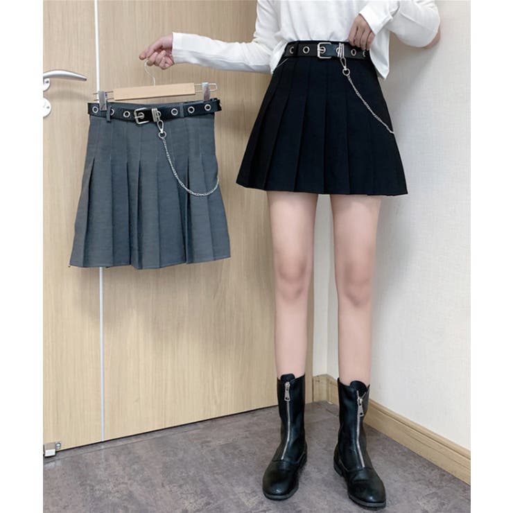 チェーンベルト付きプリーツミニスカート 韓国ファッション ワンピース