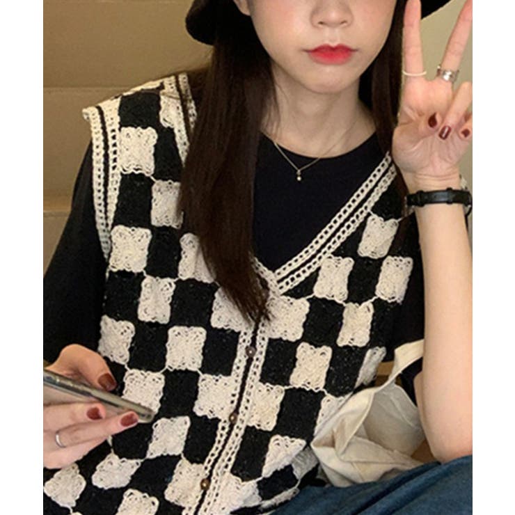 ニット編みチェック柄ベスト レディース Vネック[品番