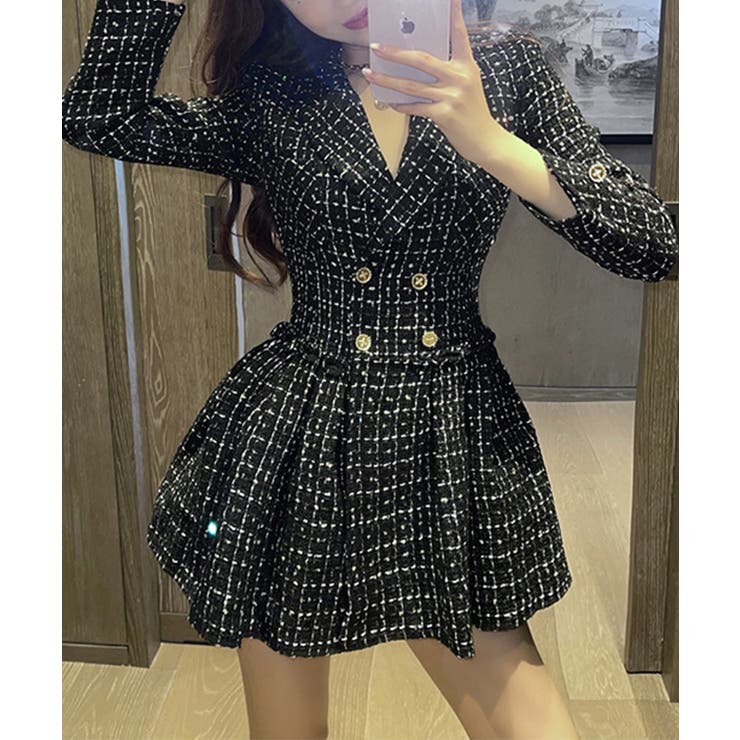 ツイードジャケットミニワンピース ロングワンピース 長袖[品番