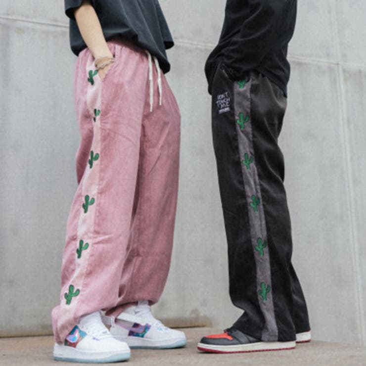 サイドサボテン刺繍ライン入りコーデュロイワイドパンツ ユニ