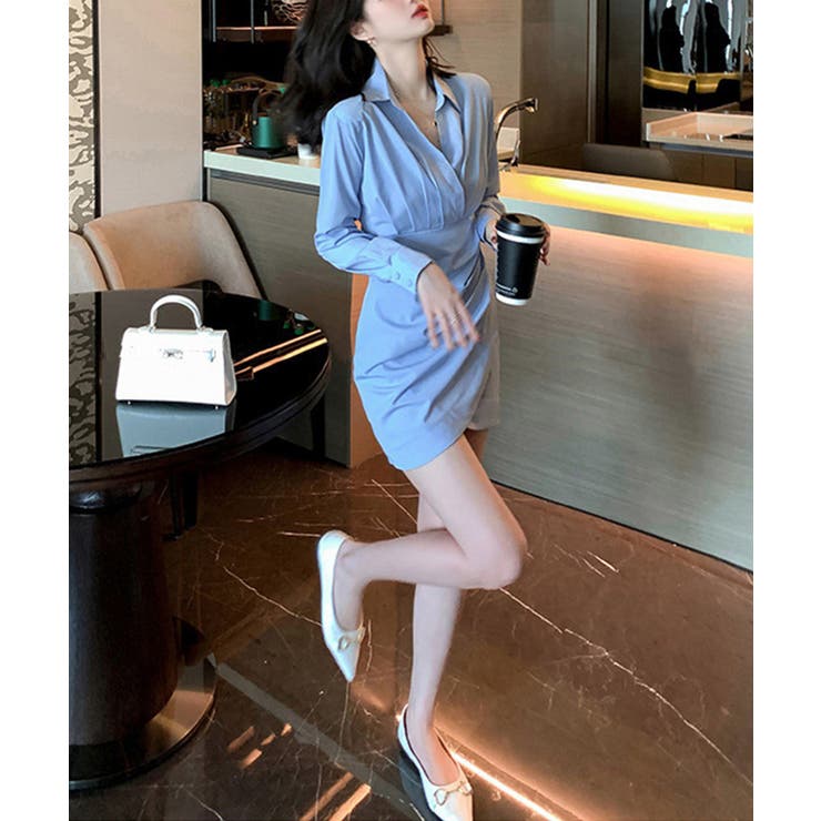 Vネックシャツ襟アシンメトリーワンピース 韓国ファッション Jasmine | aimoha  | 詳細画像2 